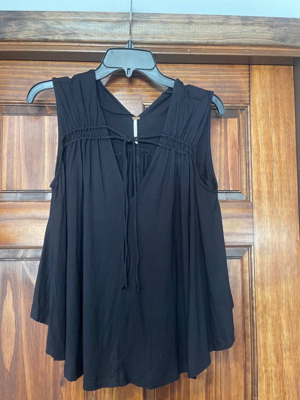 Free People Black Sleeveless V-Neck Tie-Front Smocked Yoke Top